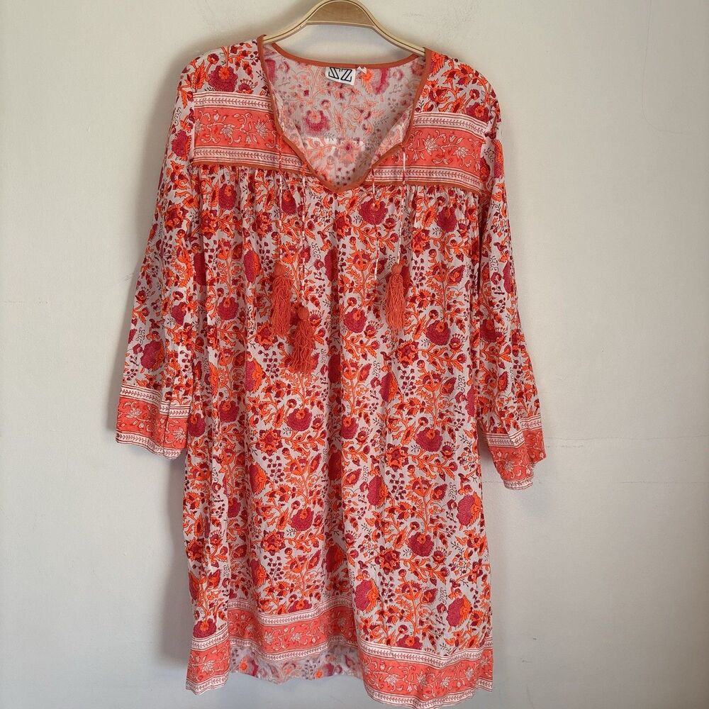 SZ Blockprints Dress Orange Cotton Vibrant Floral Vacation Cruise M Tassels